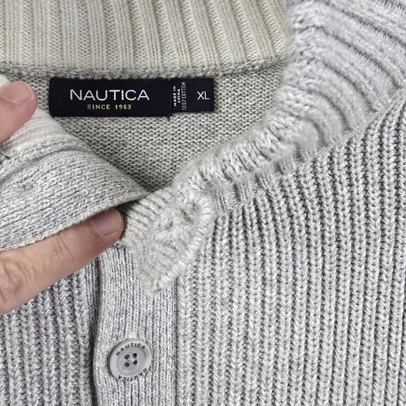 Nautica XL Gray Ribbed Cotton Mens Sweater With Button Collar - Picture 4 of 7